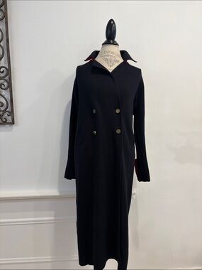 Zara Black Maxi Coat Dress with Red Trim